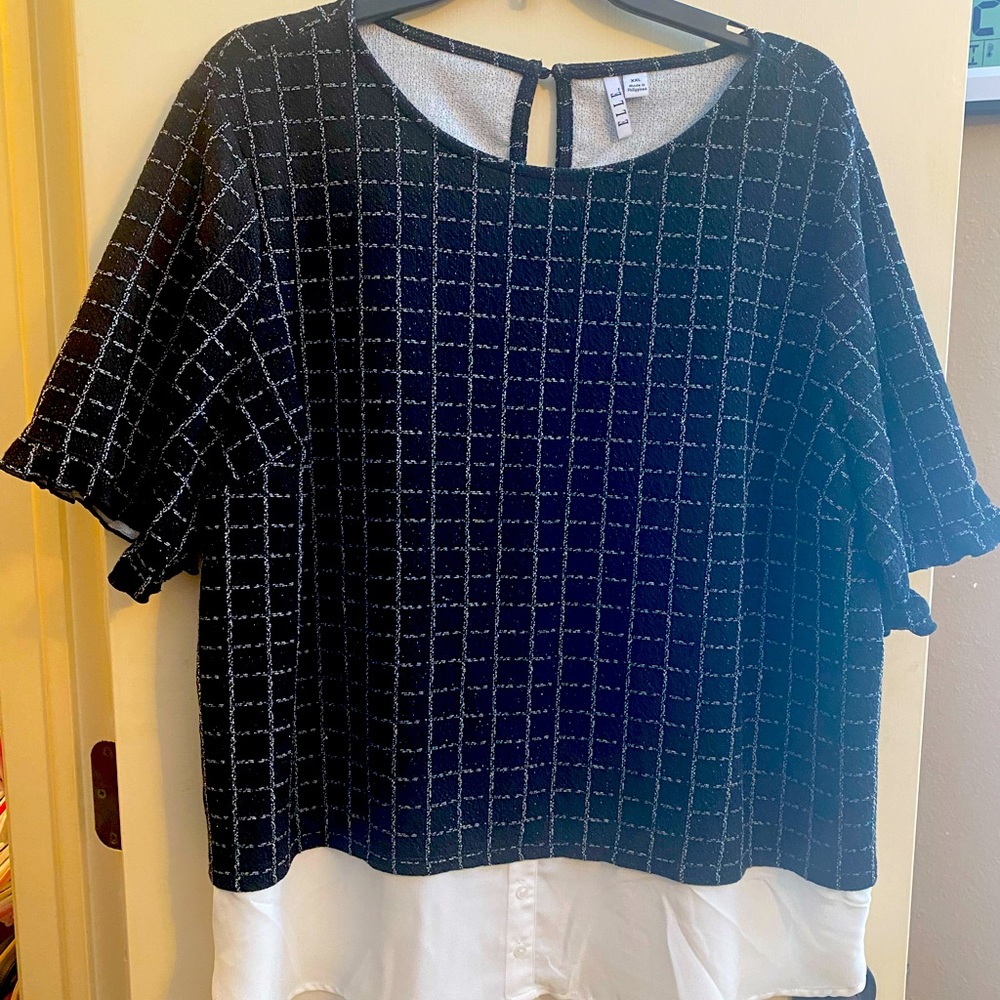 Elle black and white striped blouse with faux button down shirt at bottom